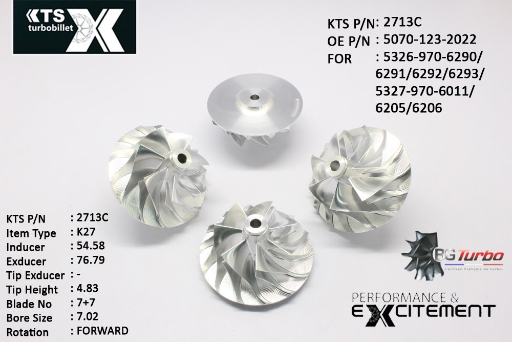 Turbo ROUE FORGÉE MFS PERFORMANCE - 7+7 PALES - INDUCER : 54,58 - EXDUCER : 76,79 - TYPE : K27ANGLE : 40° - ROTATION : Forward - SUPER BACK : 5,05 - BORE SIZE : 7,02
